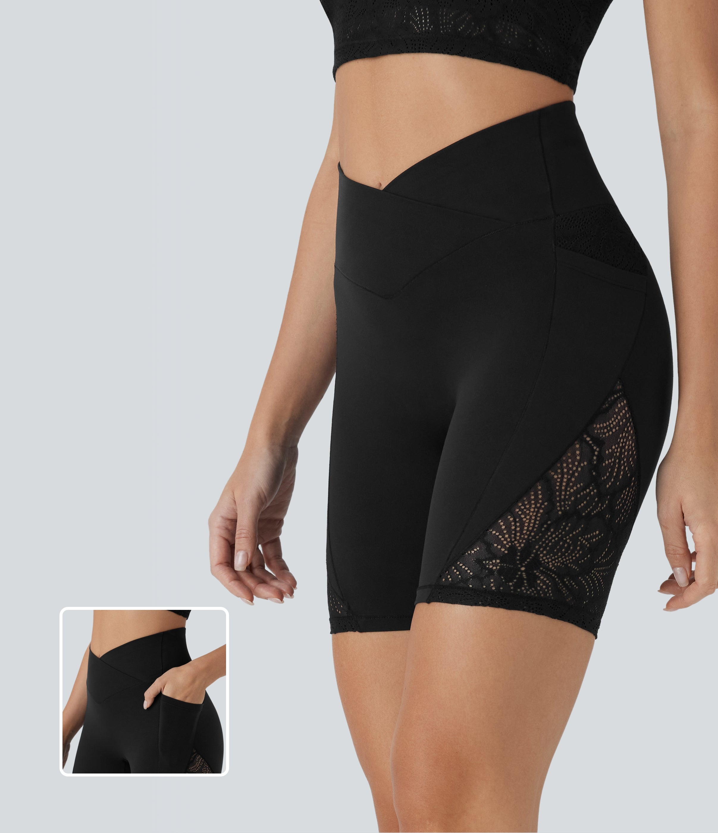 SoftlyzeroTM High Waisted Crossover Contrast Lace Yoga Biker Shorts 7'' with Pockets-UPF50+