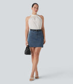 FlexTM Mid Rise A Line Stretchy Knit Denim Mini Casual Skirt with Pockets