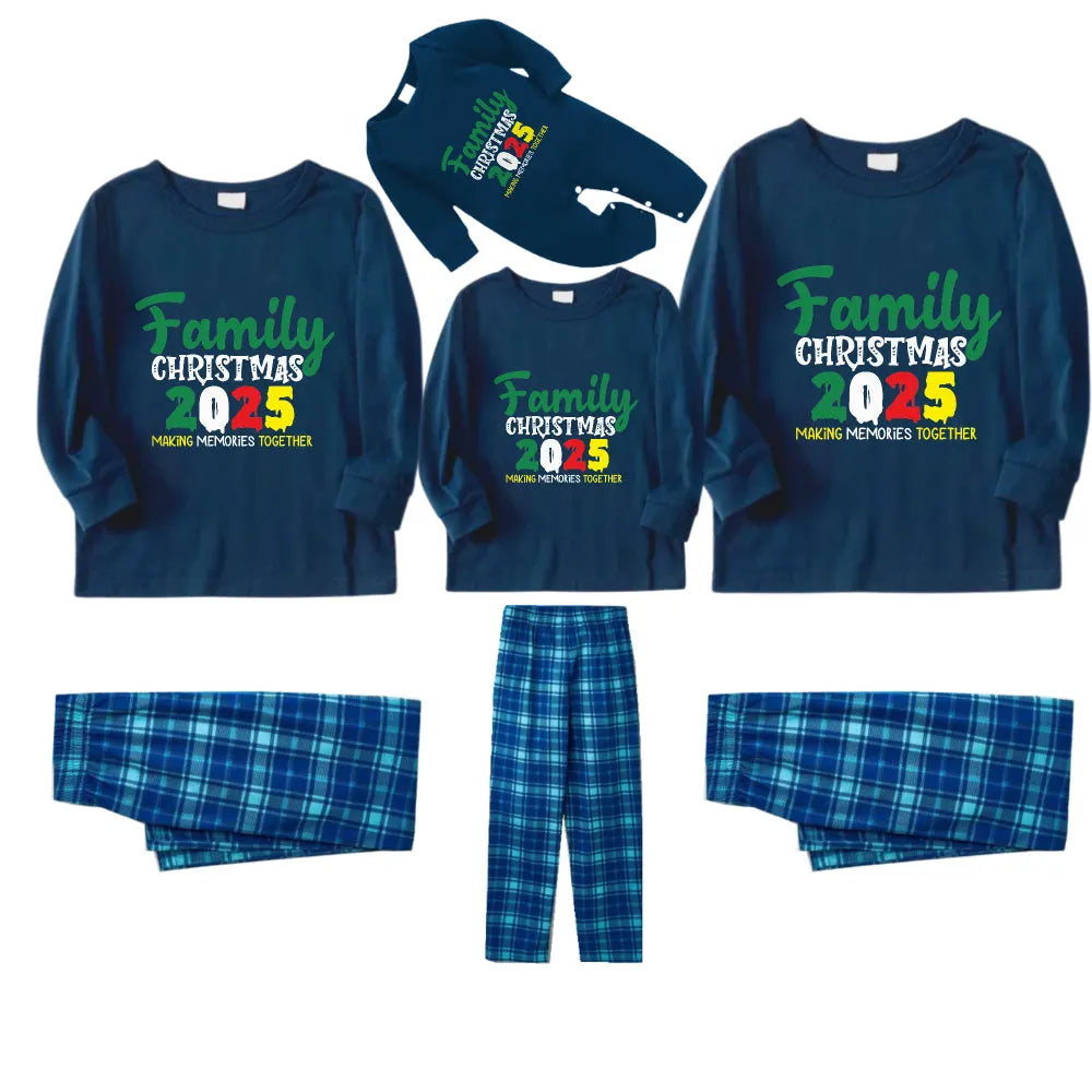 Christmas Family Matching Pajamas-Navy & Sky Blue Plaid Pjs Set with "Family Christmas 2025" Colorful Slogan Print