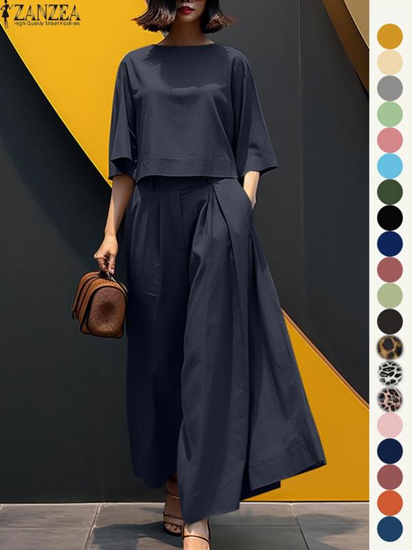 Women's Top & Wide Leg Pants Two-piece Set, Casual Fashion Cozy Three Quarter Length Sleeve Top & Trousers for Daily Outdoor Wear, Ladies Clothes for All Seasons, Womenswear, Casual Matching Set