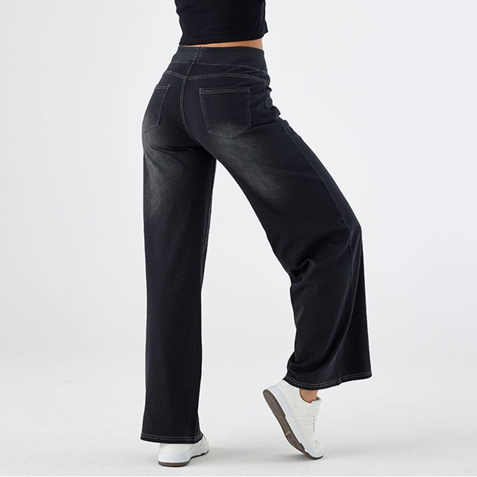 2026🔥 FlexTM High Waisted Multiple Pockets Baggy Wide Leg Washed Stretchy Knit Casual Jeans