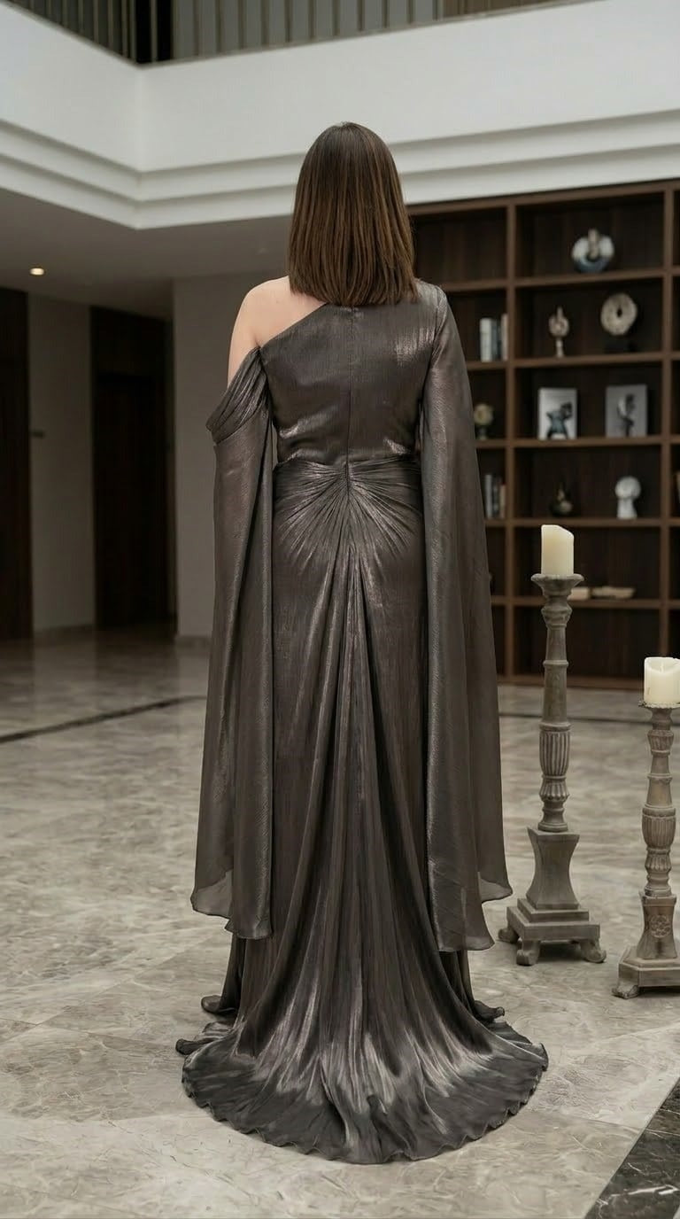 Metallic One-Shoulder Cape Maxi Dress