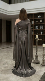 Metallic One-Shoulder Cape Maxi Dress