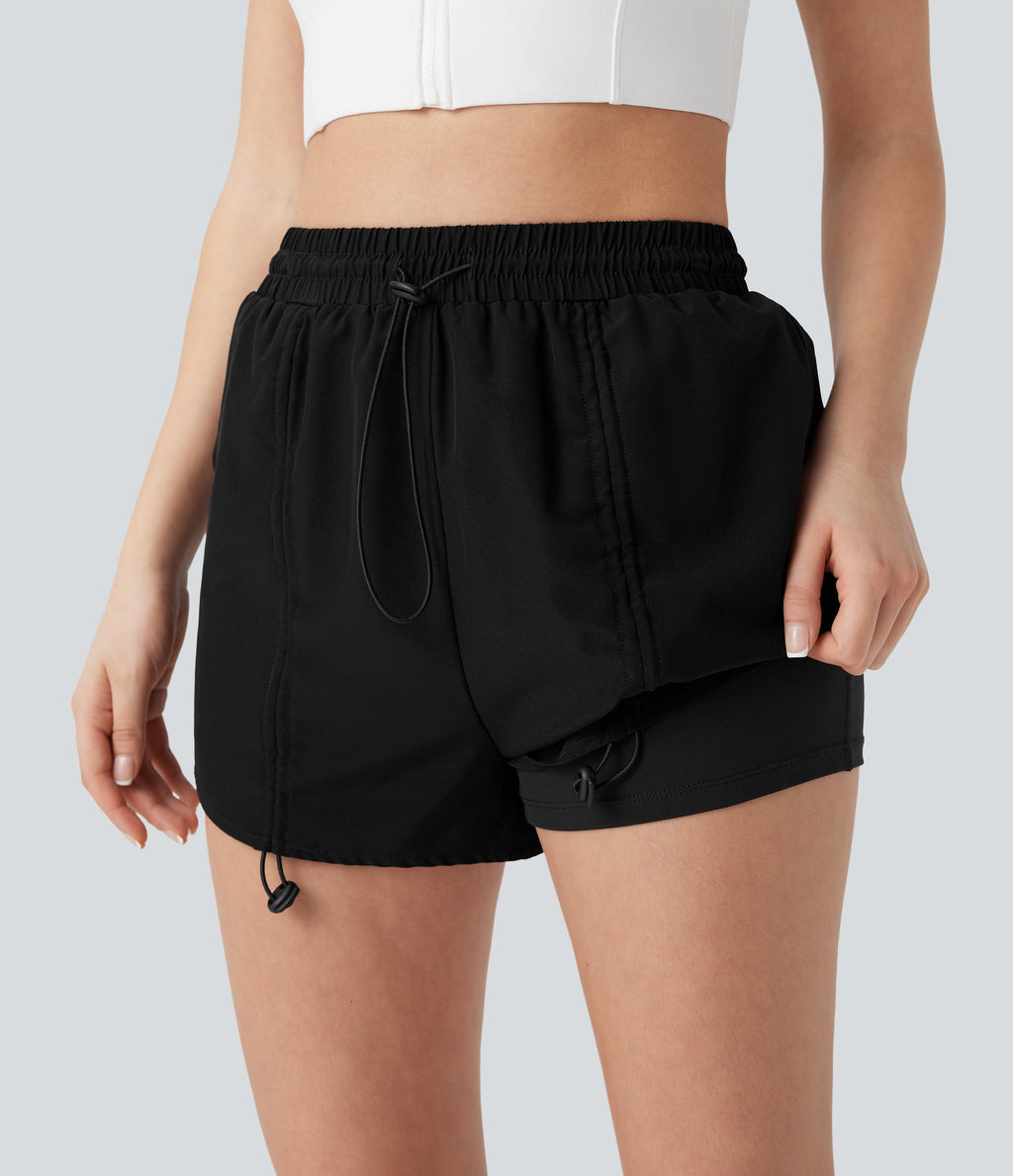 High Waisted Drawstring 2-in-1 Yoga Shorts with Pockets