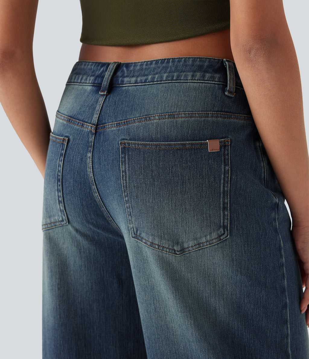 FlexTM Low Rise Washed Casual Capri Baggy Jeans with Pockets