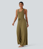 U Neck Racerback Drawstring Casual Jumpsuit with Pockets