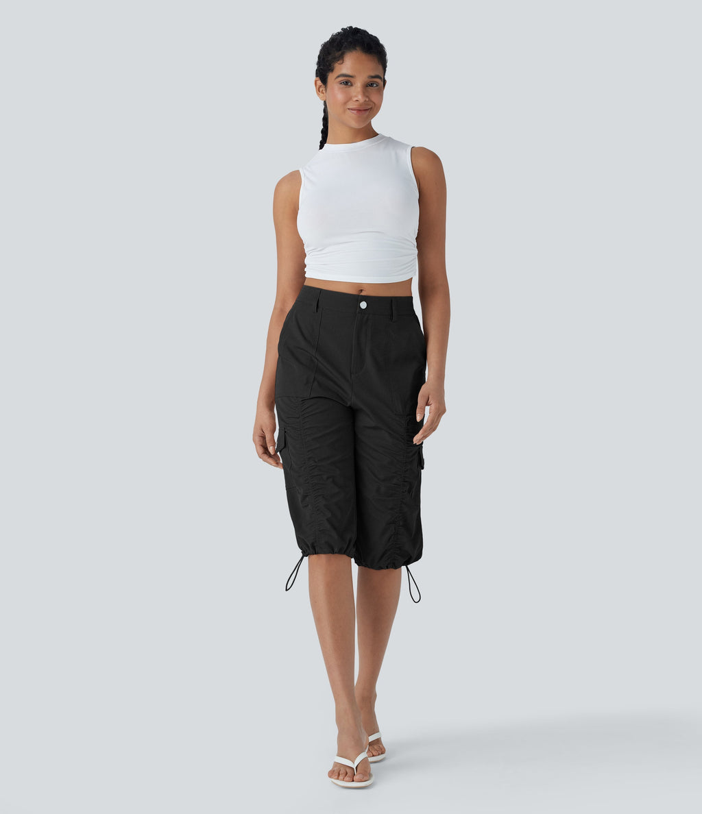 Mid-Rise Ruched Cargo Quick-Dry Casual Pedal Pusher Pants with Pockets