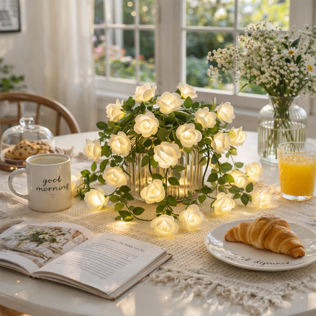 White Rose Vine String Lights with Remote – Cozy Home Decor & Mother’s Day Gift