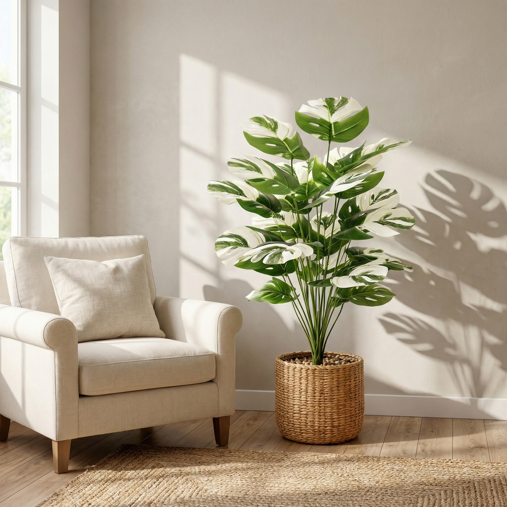Faux Variegated Monstera Plant in Pot – 24-Head Artificial Greenery for Living Room, Bedroom, Entryway & Office