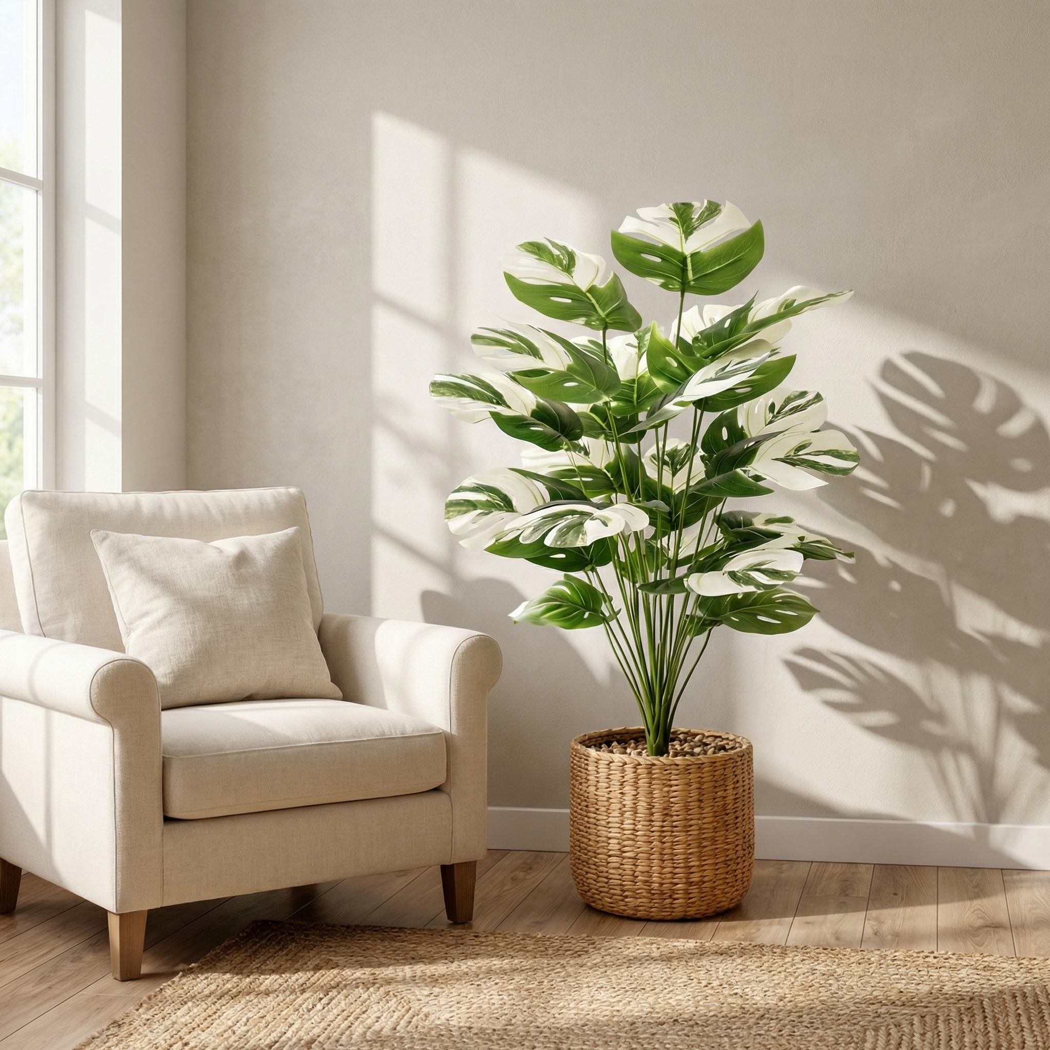 Faux Variegated Monstera Plant in Pot – 24-Head Artificial Greenery for Living Room, Bedroom, Entryway & Office
