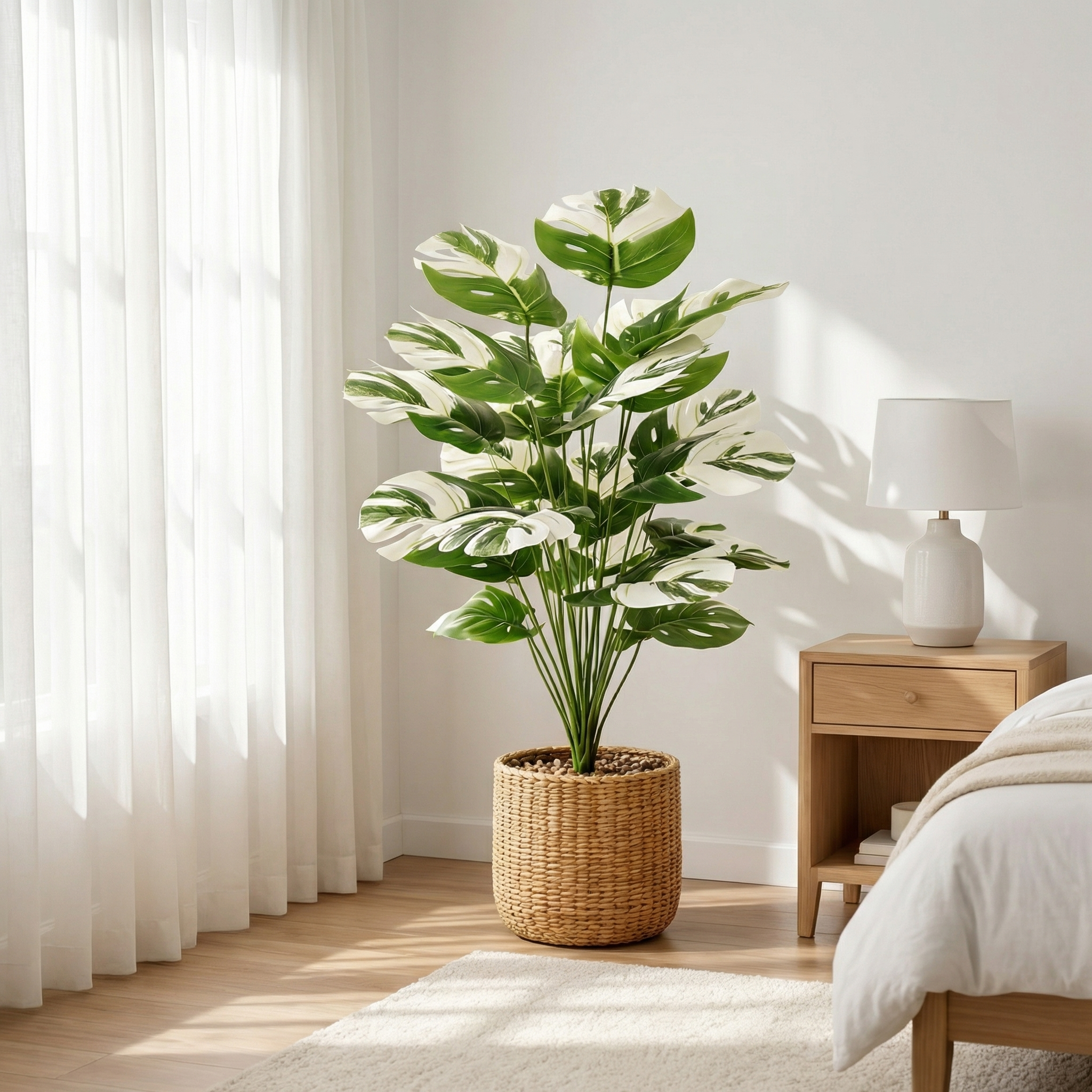Faux Variegated Monstera Plant in Pot – 24-Head Artificial Greenery for Living Room, Bedroom, Entryway & Office