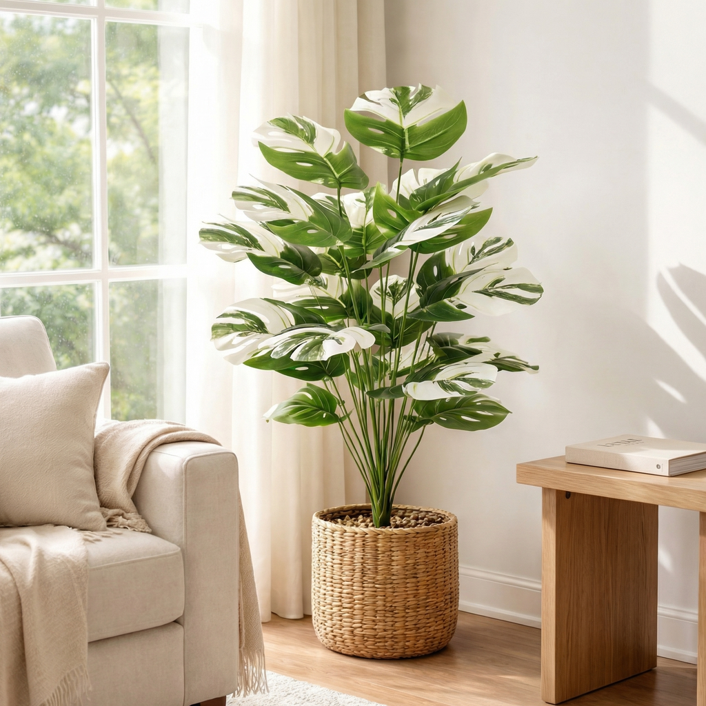 Faux Variegated Monstera Plant in Pot – 24-Head Artificial Greenery for Living Room, Bedroom, Entryway & Office