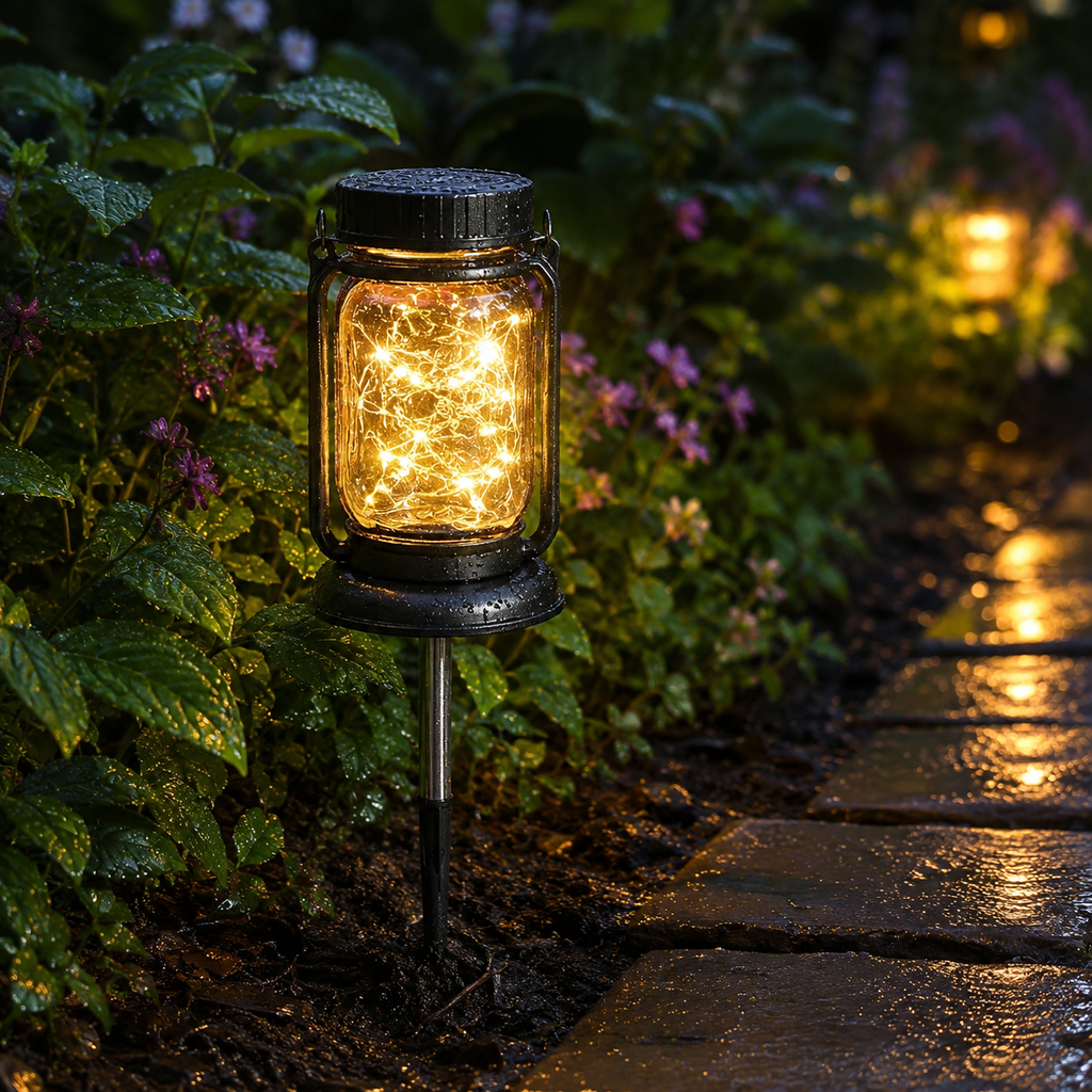 Solar Mason Jar Garden Lantern with Ground Stake – Warm White Outdoor Decorative Light