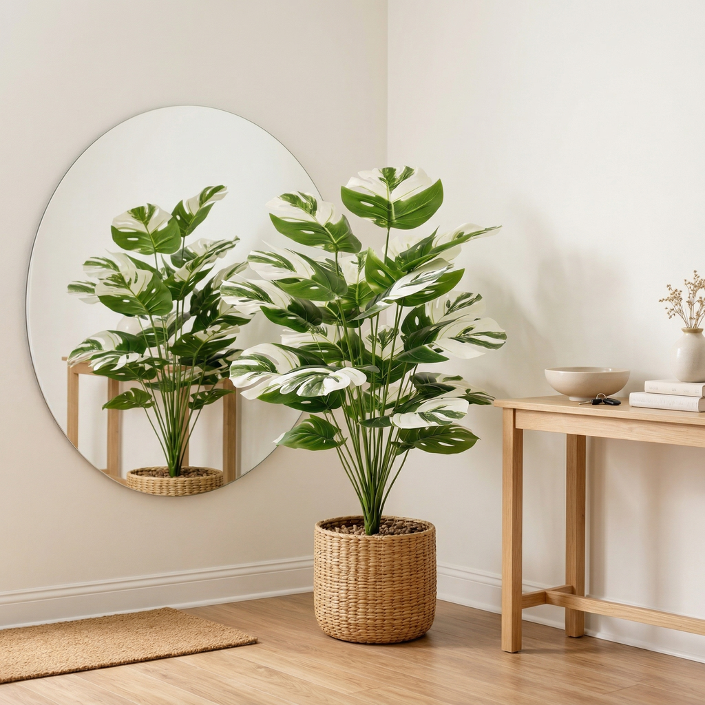 Faux Variegated Monstera Plant in Pot – 24-Head Artificial Greenery for Living Room, Bedroom, Entryway & Office