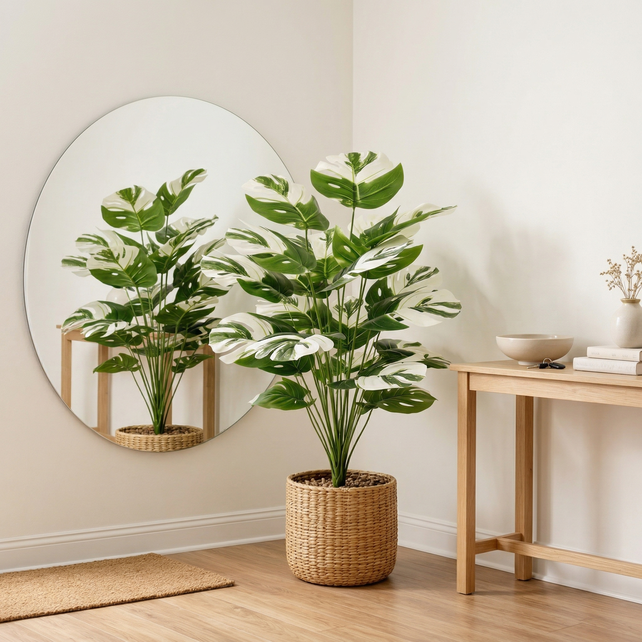 Faux Variegated Monstera Plant in Pot – 24-Head Artificial Greenery for Living Room, Bedroom, Entryway & Office