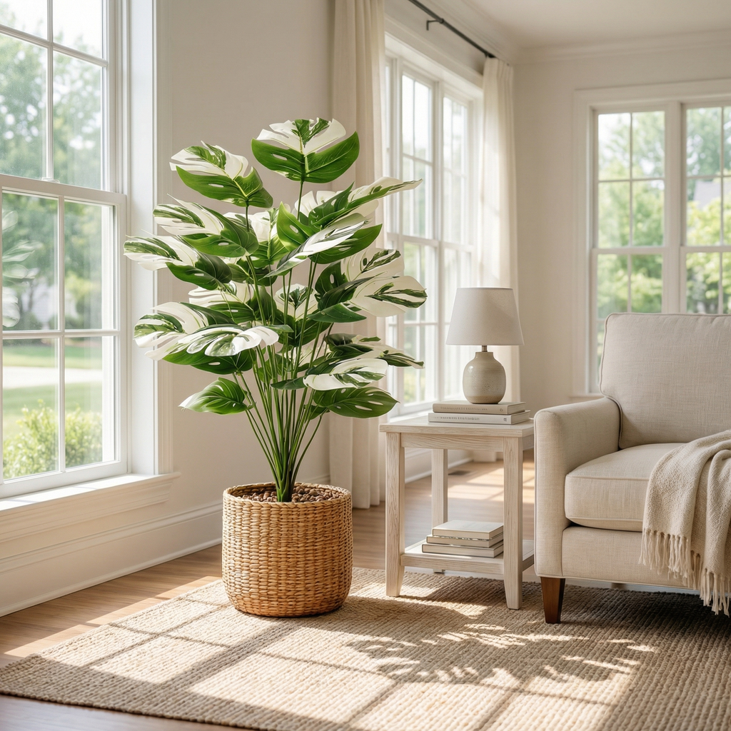 Faux Variegated Monstera Plant in Pot – 24-Head Artificial Greenery for Living Room, Bedroom, Entryway & Office