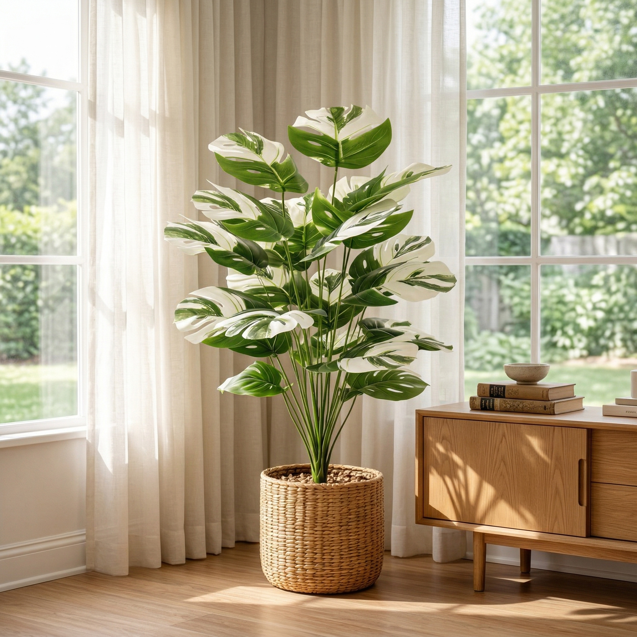 Faux Variegated Monstera Plant in Pot – 24-Head Artificial Greenery for Living Room, Bedroom, Entryway & Office