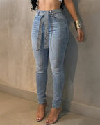 Rhinestone Decor High Waist Zipper Fly Slim Fit Jeans with Rhinestone Decor Belt