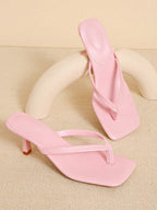 Square Toe Wide Foot Thong Sandals With Thin Heel, Versatile Outdoor Wear Thin Heel Thong Flip Flops For Women, Chic & Elegant