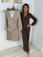 V-Neck Cross Front Gold Buckle Top & Wide Leg Trouser Co-Ord (2 Colours)