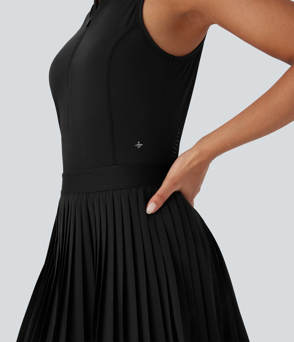 BreezefulTM Sleeveless Cut Out 2-in-1 Pleated Quick Dry Mini Tennis Active Dress with Pockets