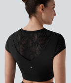 SoftlyZeroTM Contrast Lace Short Sleeve Cropped Yoga Sports Top-UPF50+