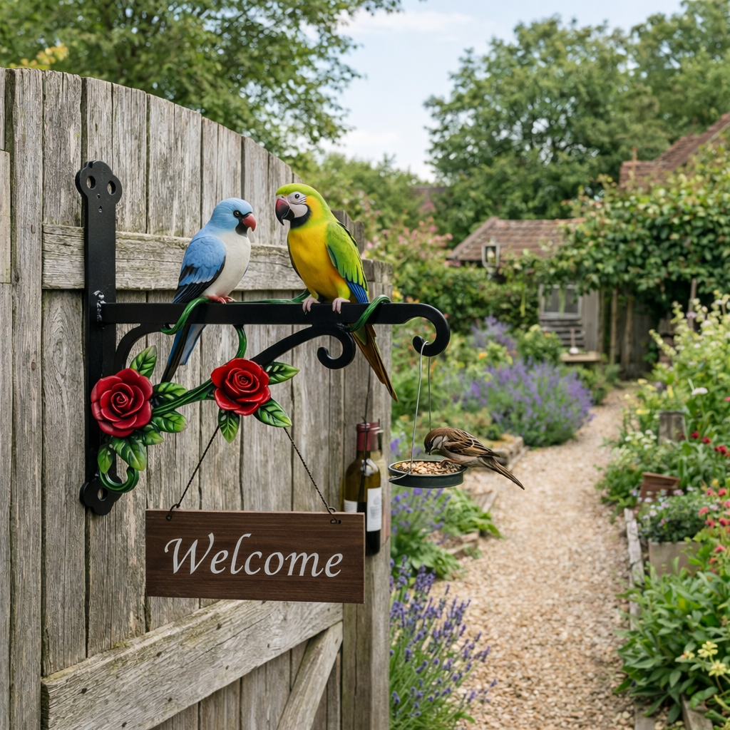 Colorful Bird & Flower Wall Bracket – Outdoor Garden Décor for Porch, Fence & Patio