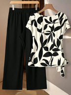 Women's Casual Printed Necktie Shirt and Loose Straight Pants Set, Perfect for Spring and Summer, Comfortable Two-Piece
