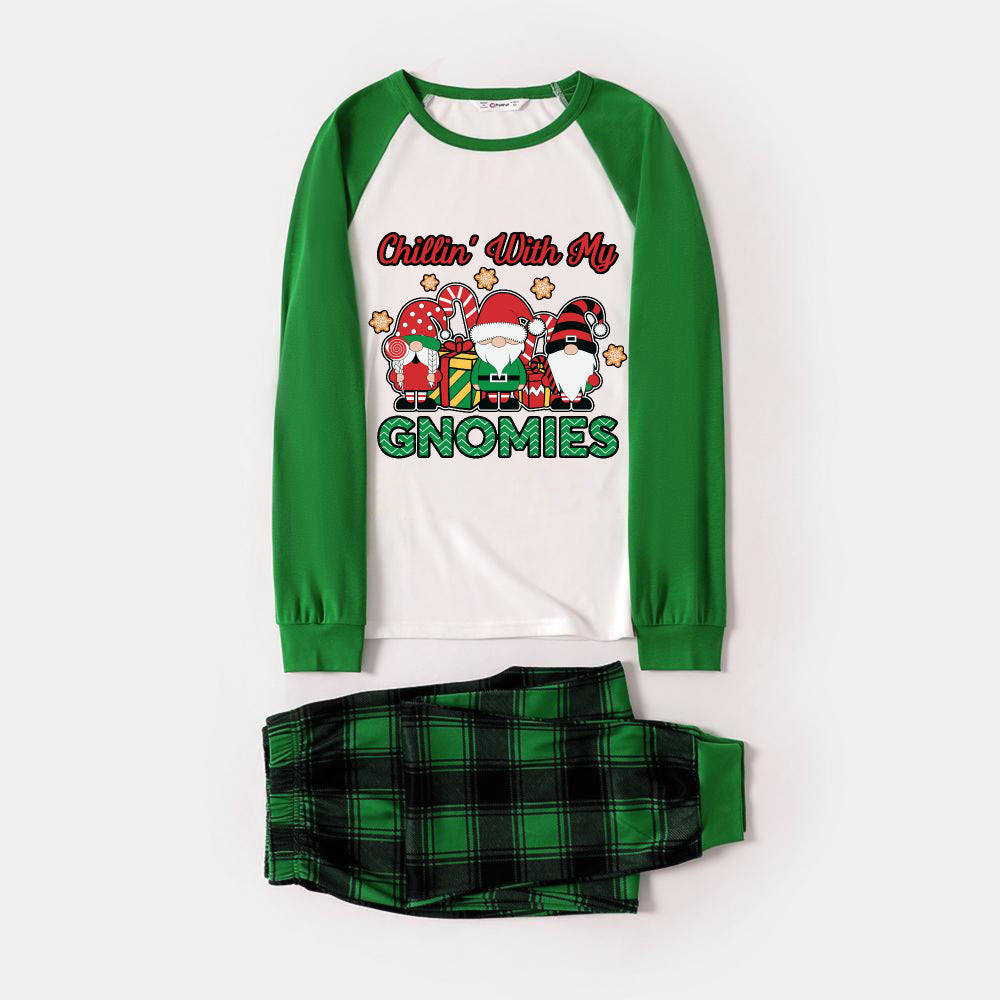 Green Raglan Top Green Plaid Christmas Pajamas Set With "Chillin With My GNOMIES" Green and Red Gnomes Print