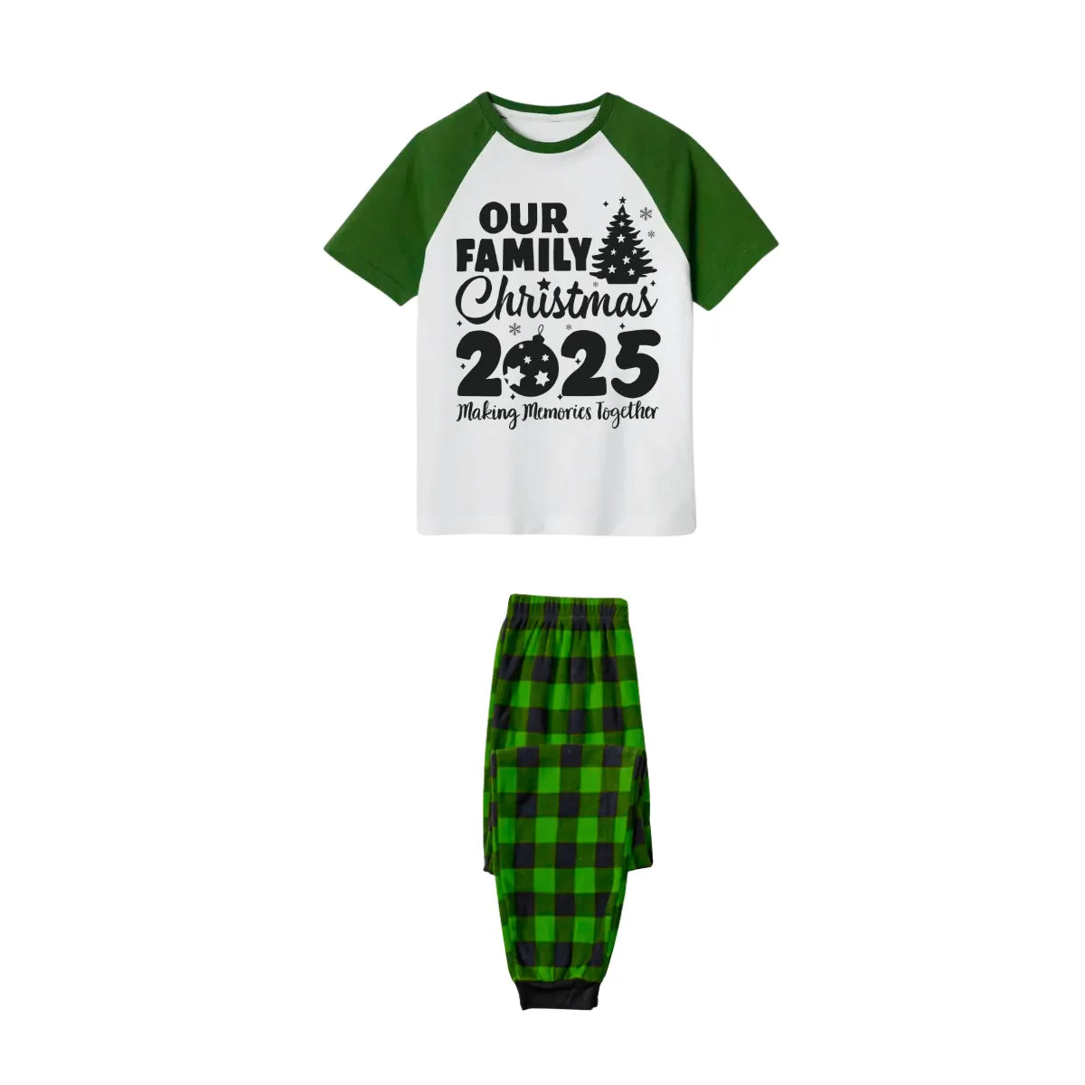 Our Family Christmas 2025 Family Pajamas Set - White Top, Green Plaid Pants, Green Sleeves, Christmas Tree and Ornaments Print