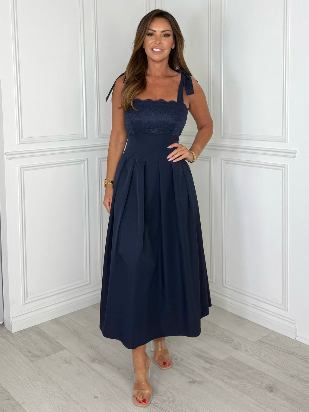 Riviera - Lace Tie-Shoulder Midi Dress (Navy)