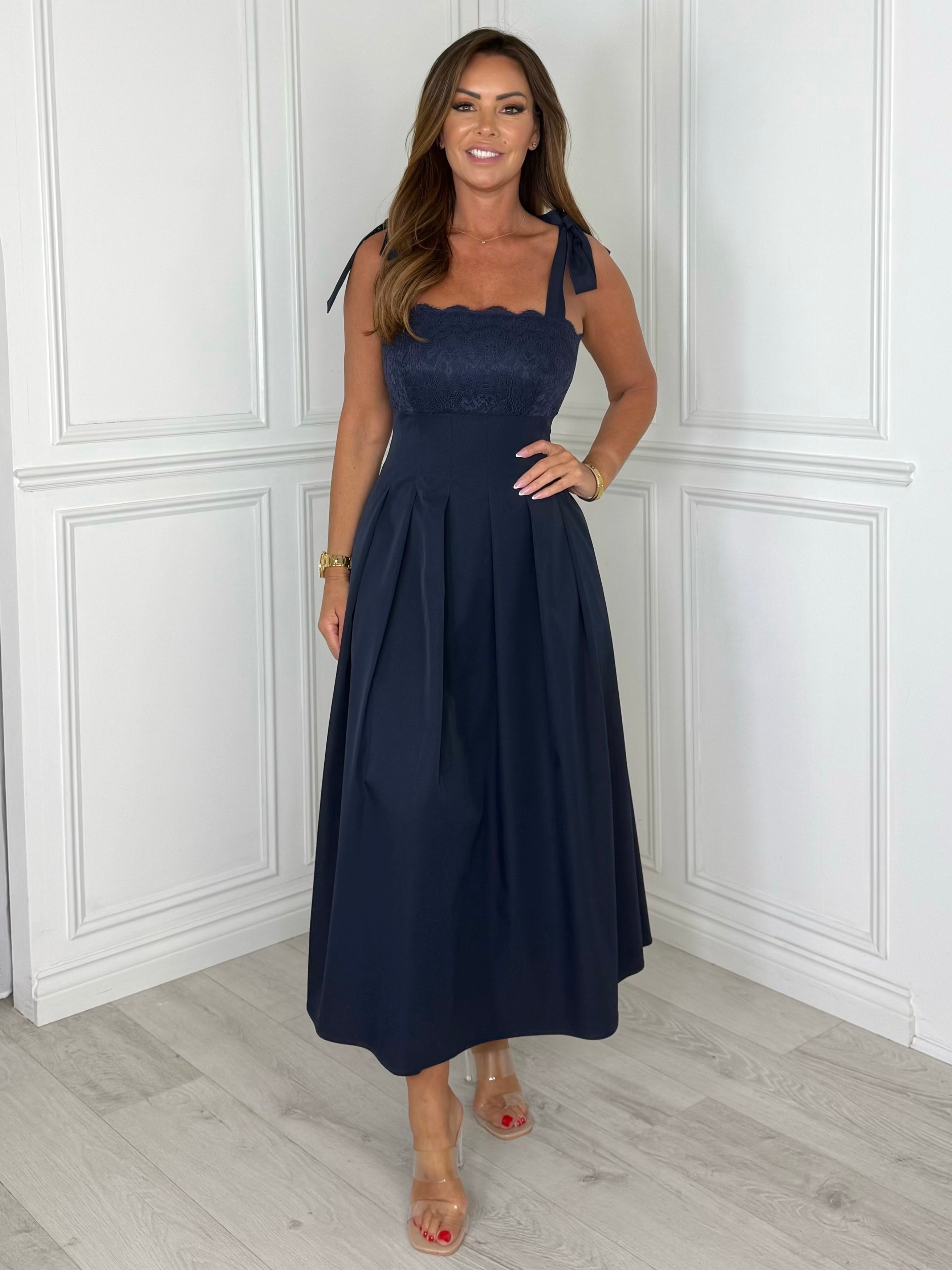 Riviera - Lace Tie-Shoulder Midi Dress (Navy)