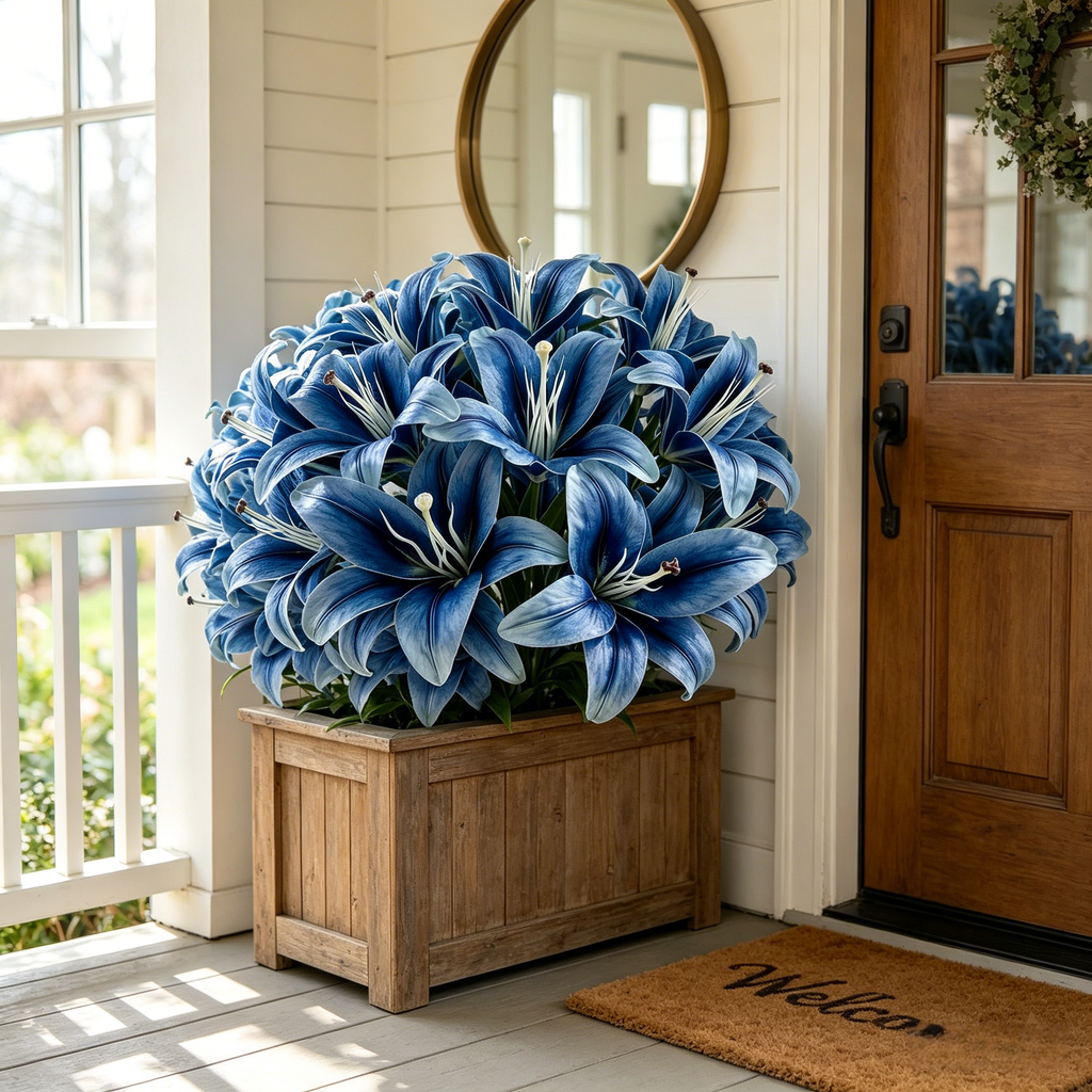 Blue Faux Lily Stems, Set of 2 – 6 Bloom Heads Decorative Floral Stems for Home Décor