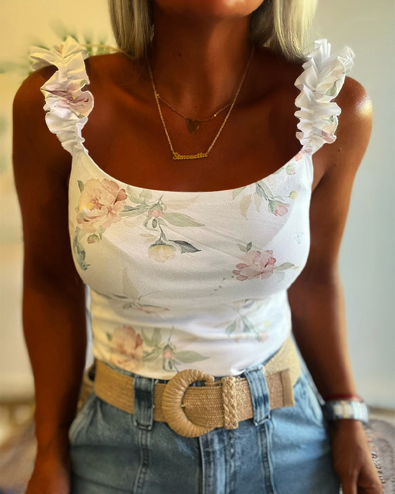 Watercolor Floral Print U-Neck Ruffles Straps Tank Slim Fit Backless Cami Top