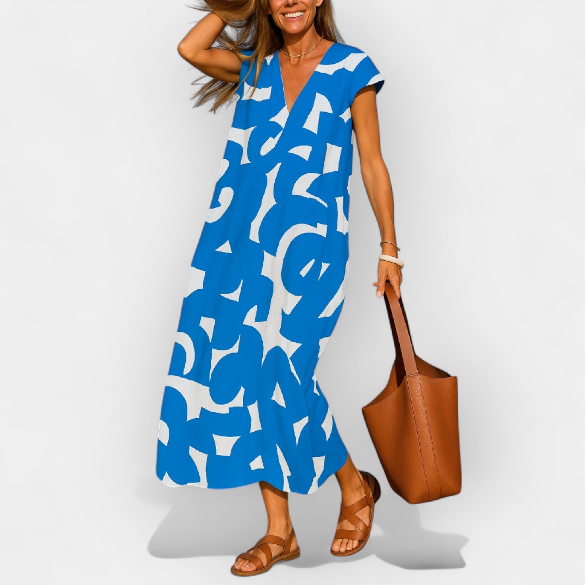 Airy Dress with V Neckline and Modern Design