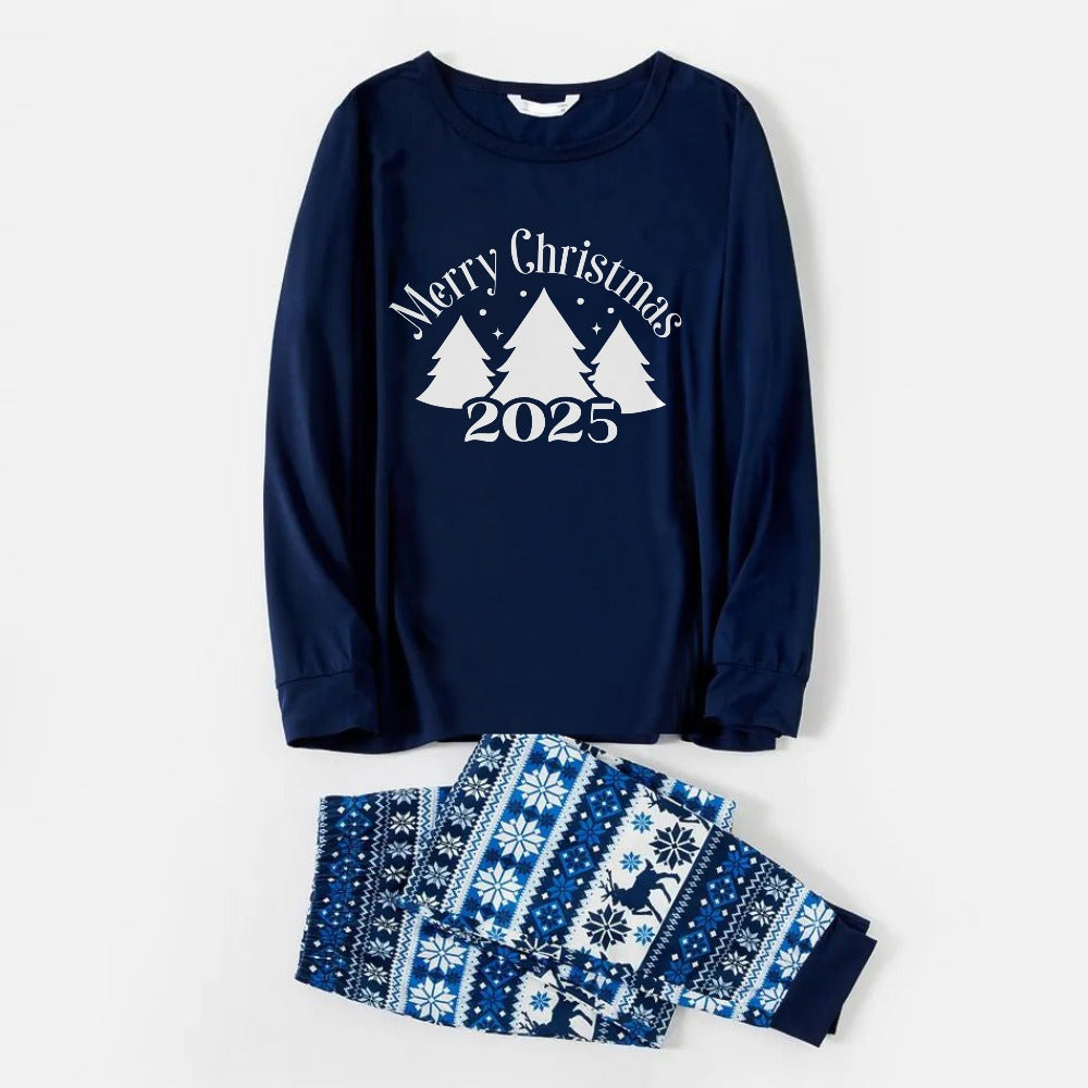 Joyful Blue Christmas Pajamas Set with Christmas Tree and Slogan Designs