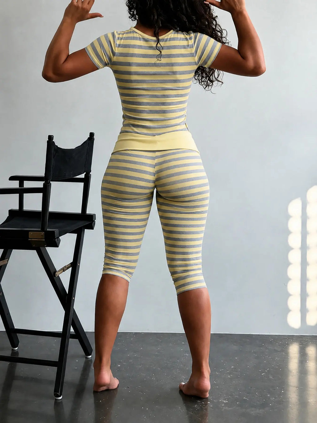 Yellow Grey Striped Two Piece Loungewear Set Crew Neck Short Sleeve Slim Crop Top High Waist Capri Leggings Stretch Fitted Matching Outfit ideal for home relaxation gym training grocery runs and casual everyday all season comfy outfits