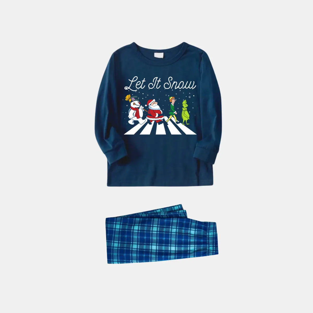 Navy & Sky Blue Plaid Christmas Pajamas Set with Santa Claus and Cartoon Pattern Print