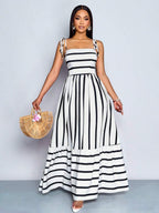 Women's Blue And White Stripe Flowing Maxi Dress,Summer Elegant Holiday Tea Party Holiday,Shoulder Straps Chest Gathering,Beach Casual Gown