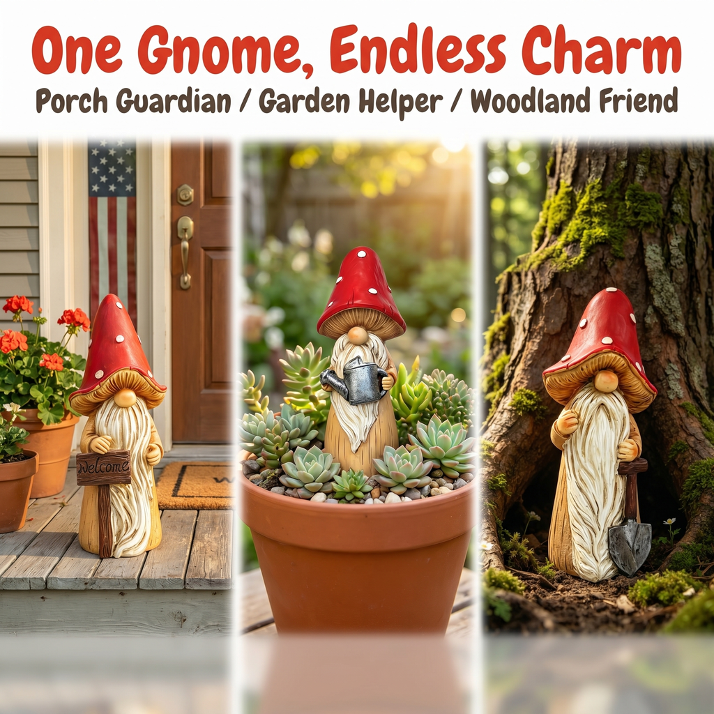 Whimsical Mushroom Hat Garden Gnome Statue