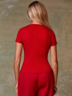 Women's Casual Red Single-Breasted Short Sleeve Fitted Top,Red Top,Christmas, Cute Vacation,Resort Wear,Summer Holiday,Spring,Spring Break,Beach