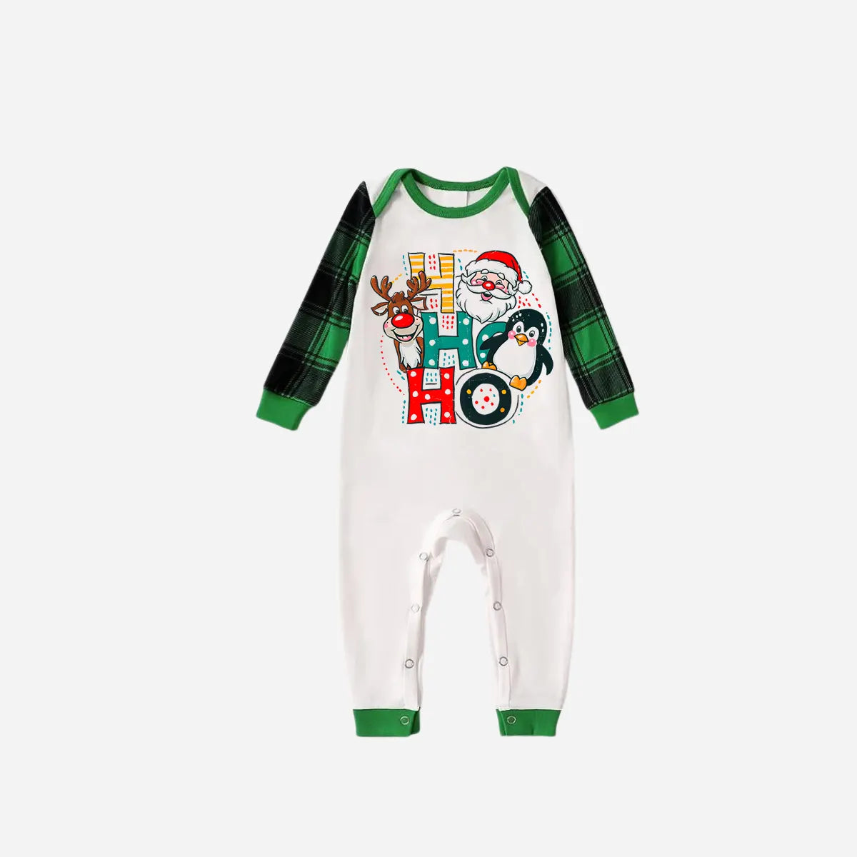 Green Raglan Top Green Plaid Christmas Pajamas Set With "HO HO HO" Pattern Print