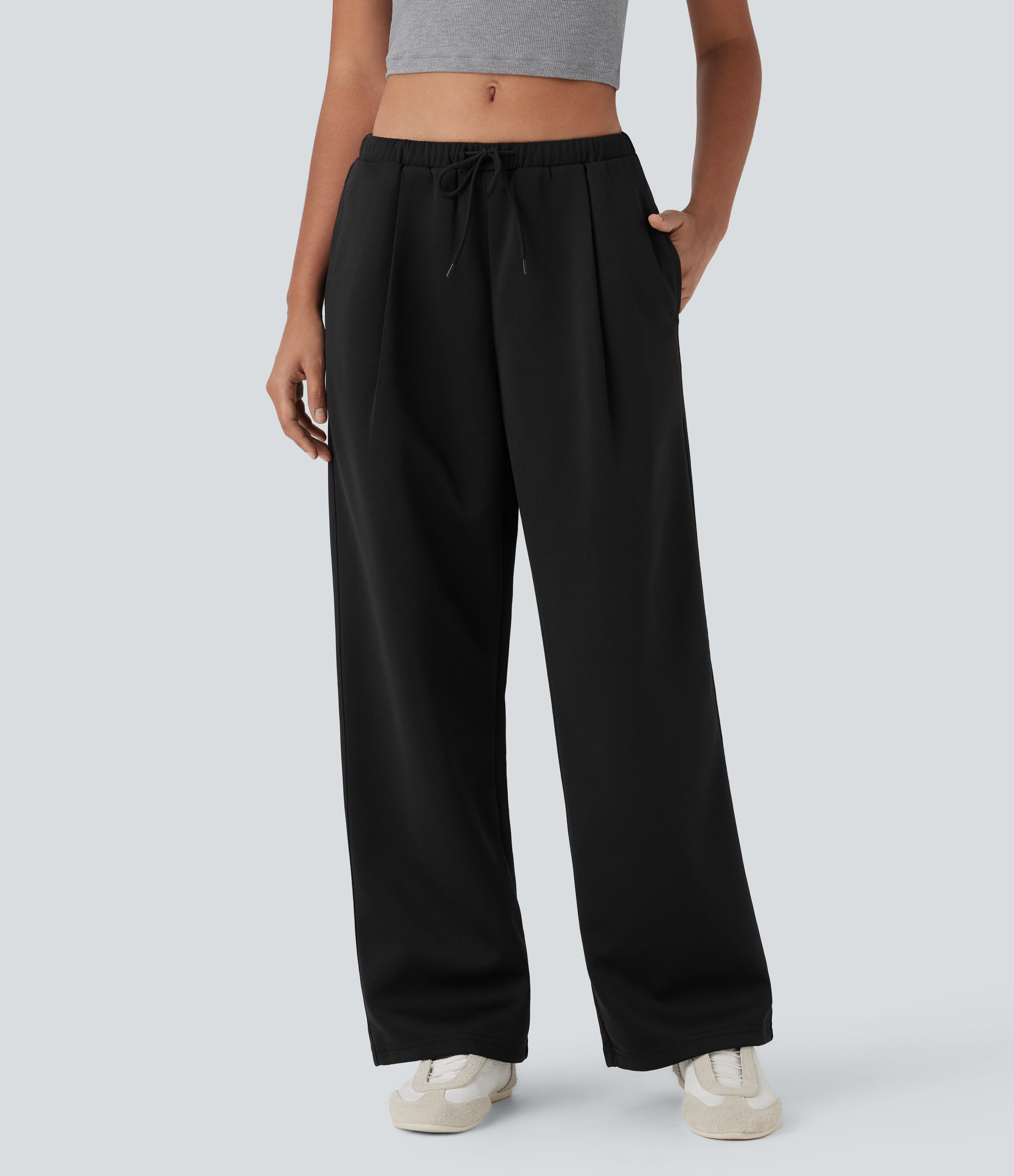 Low Rise Drawstring Straight Leg Yoga Pants with Pockets