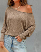 Women's Convertible Shoulder Batwing Sleeve Top Long Sleeve Loose Fit Casual Knit Tee
