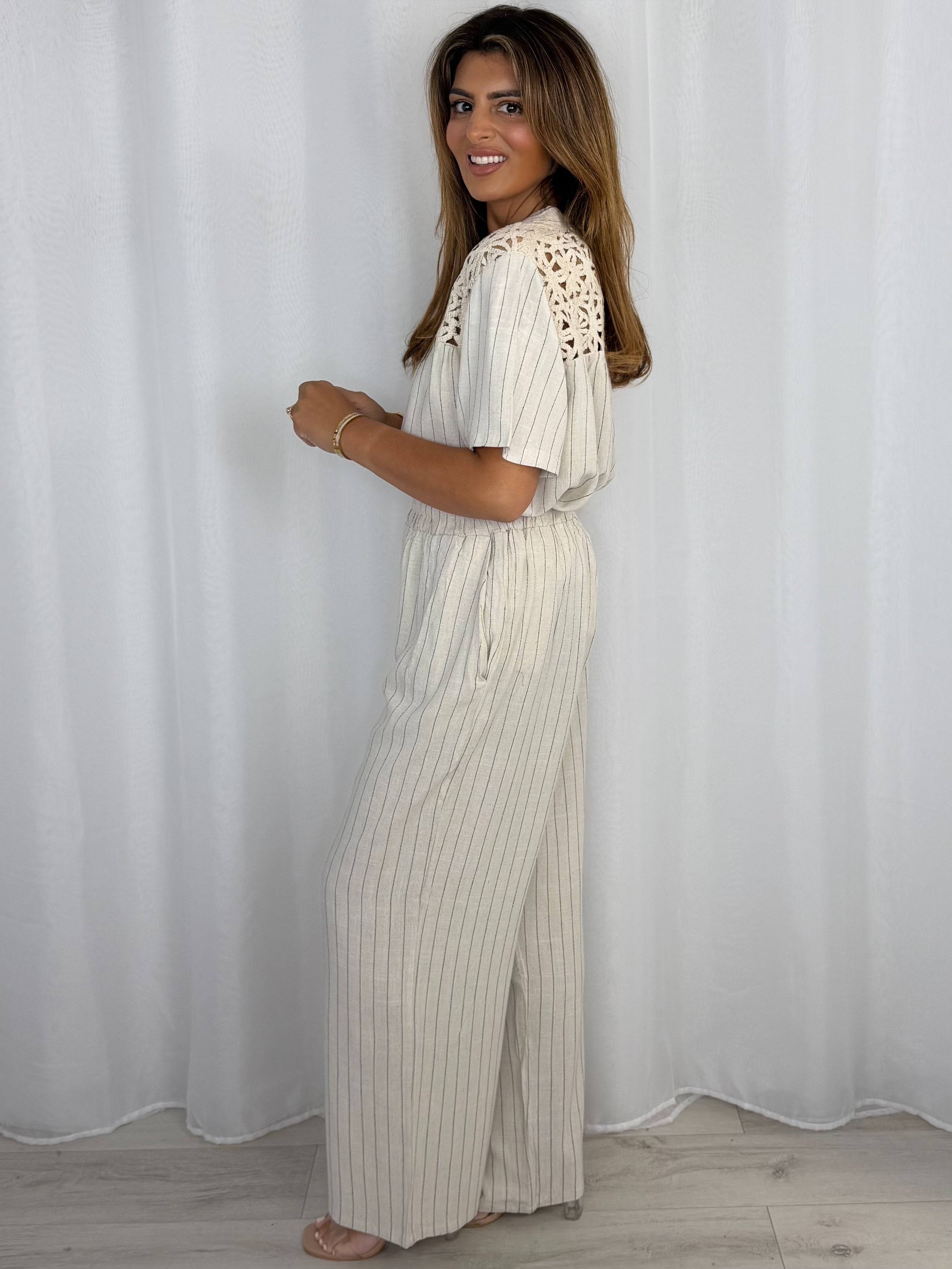 Crochet Detailing Pinstripe Longline Top And Trousers Co-Ord (4 Colours)