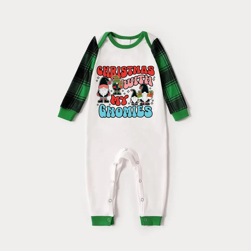 Green Raglan Top Green Plaid Christmas Pajamas Set With "CHRISTMAS WITH MY GNOMIES" Print
