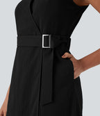Anti-wrinkle V Neck Sleeveless Wrapped Belted Midi Travel Dress with Pockets