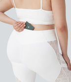 SoftlyZeroTM Crossover High Waisted Contrast Lace Yoga Plus Size Flare Leggings with Pocket
