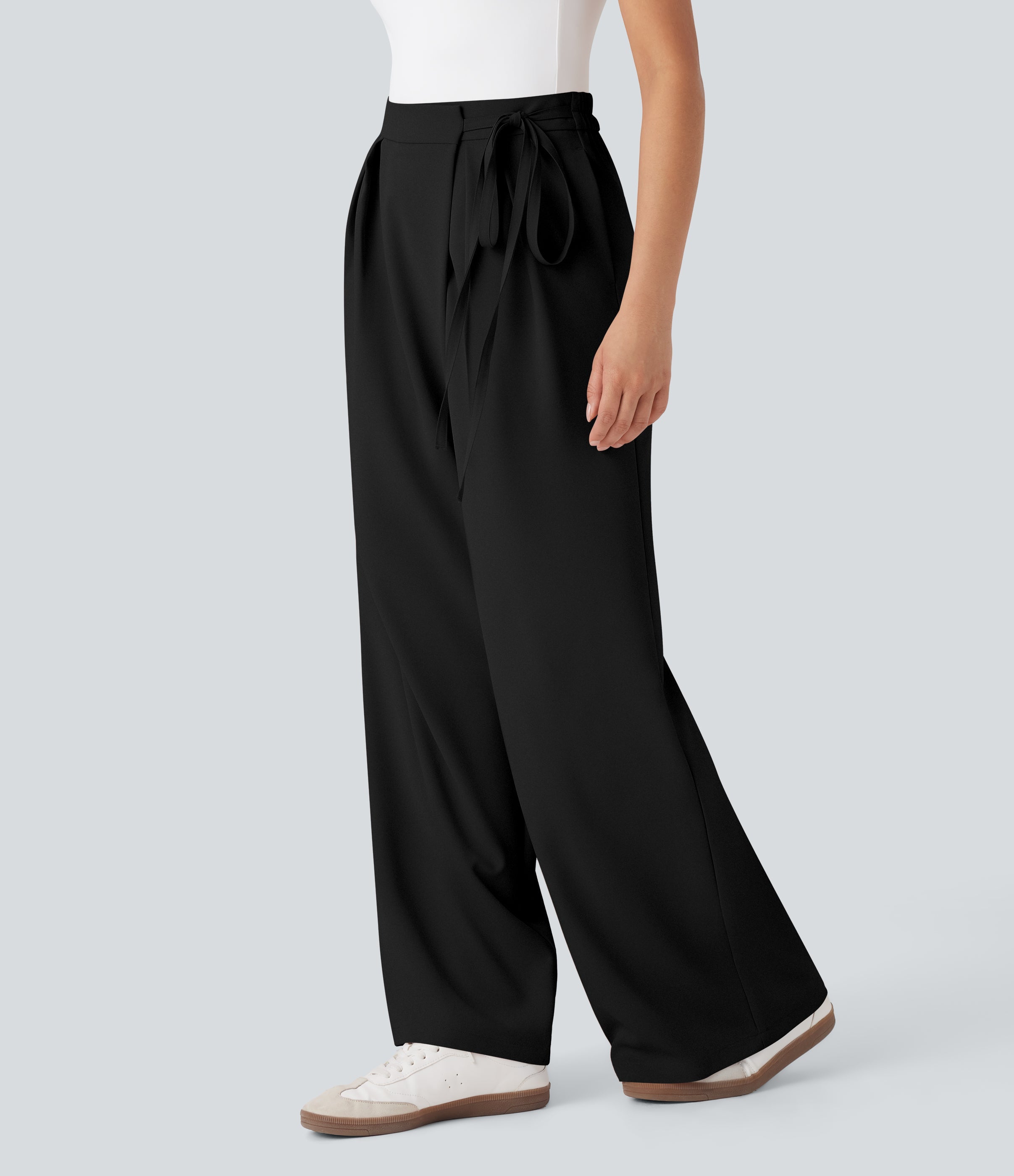 High Waisted Tie Side Wide Leg Work Pants with Pockets
