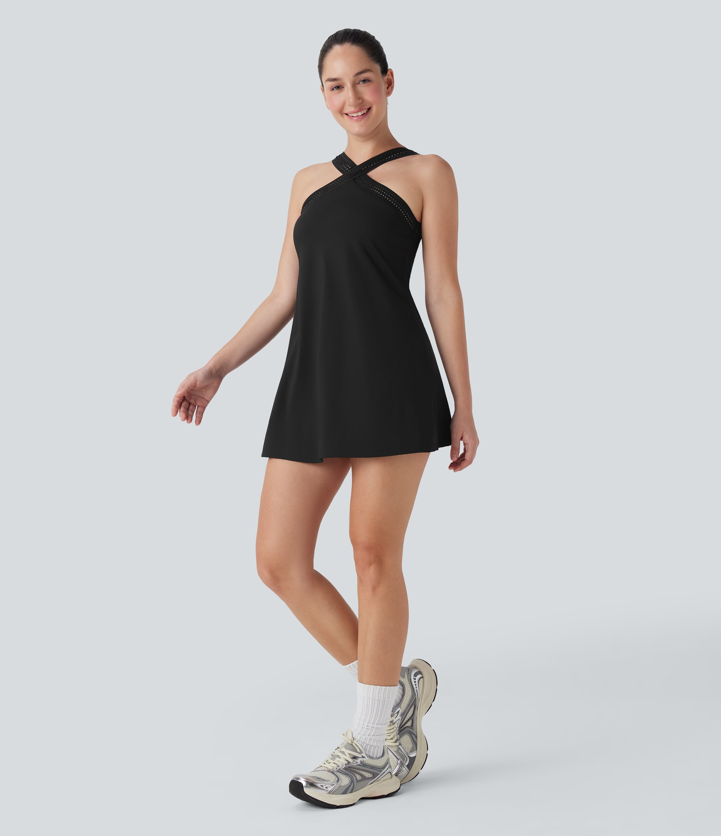 SoftlyzeroTM Airy Halter Cut Out Backless 2-in-1 Cool Touch Mini Yoga Active Dress with Side Pockets-Easy Peezy Edition-UPF50+
